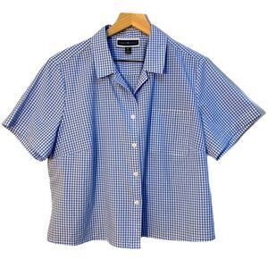 KAREN SCOTT Gingham Blue White Checkered Short Sleeve Button Up Crop Top XL.